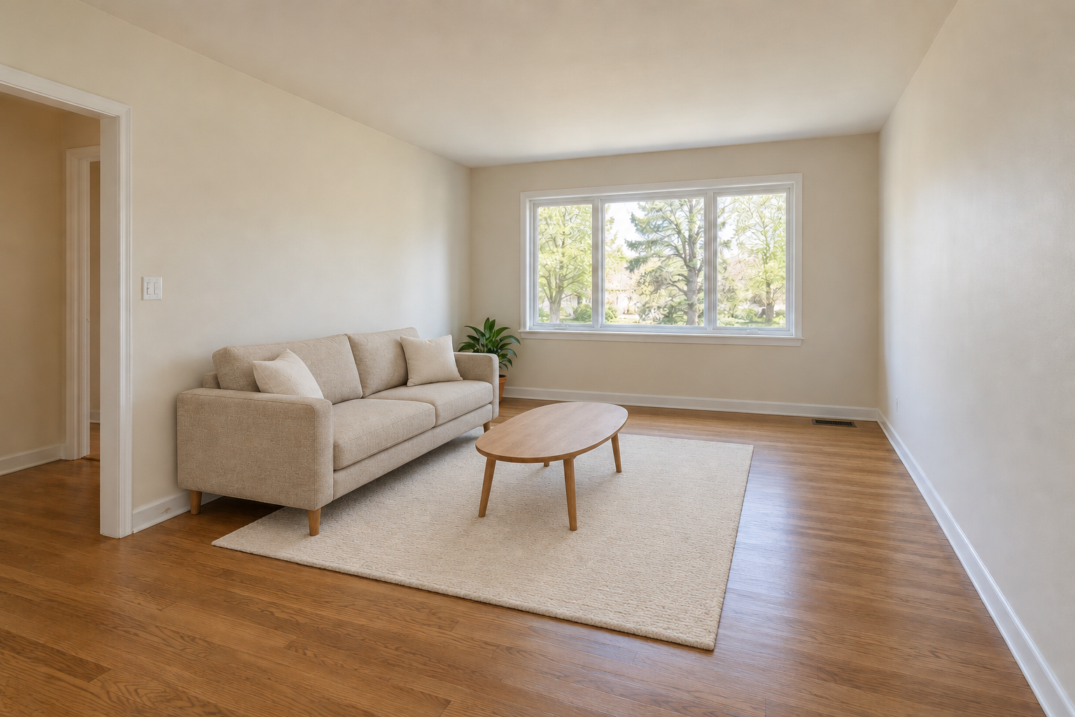 Warm Modern virtual staging of the AI-generated room, angle A