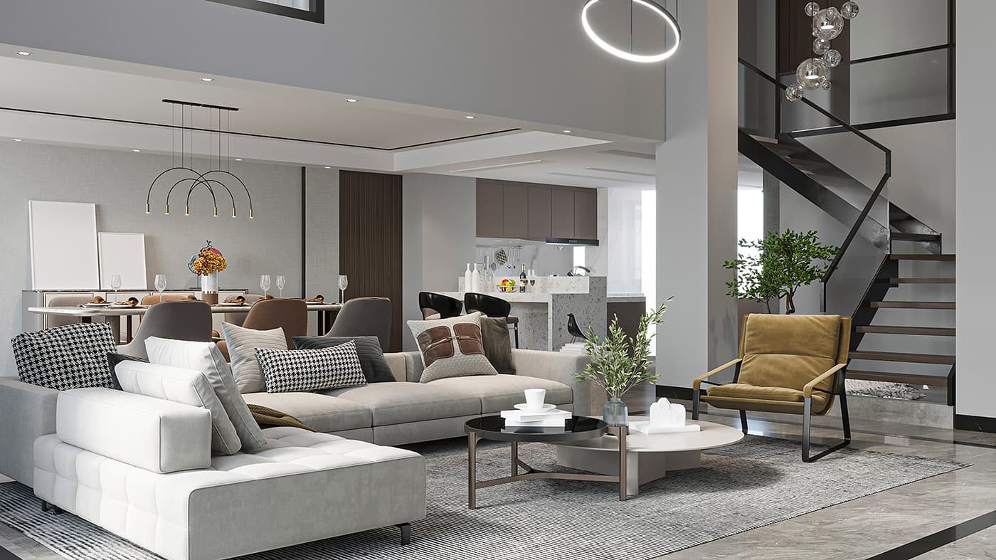 Modern Open-Plan Living Room with Double-Height Ceiling and Dramatic Staircase (1)