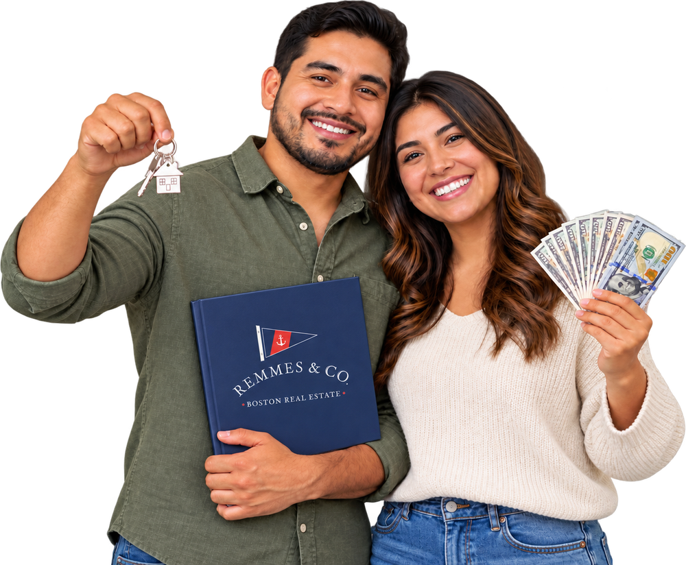 Pareja sonriente con las llaves de su primera casa