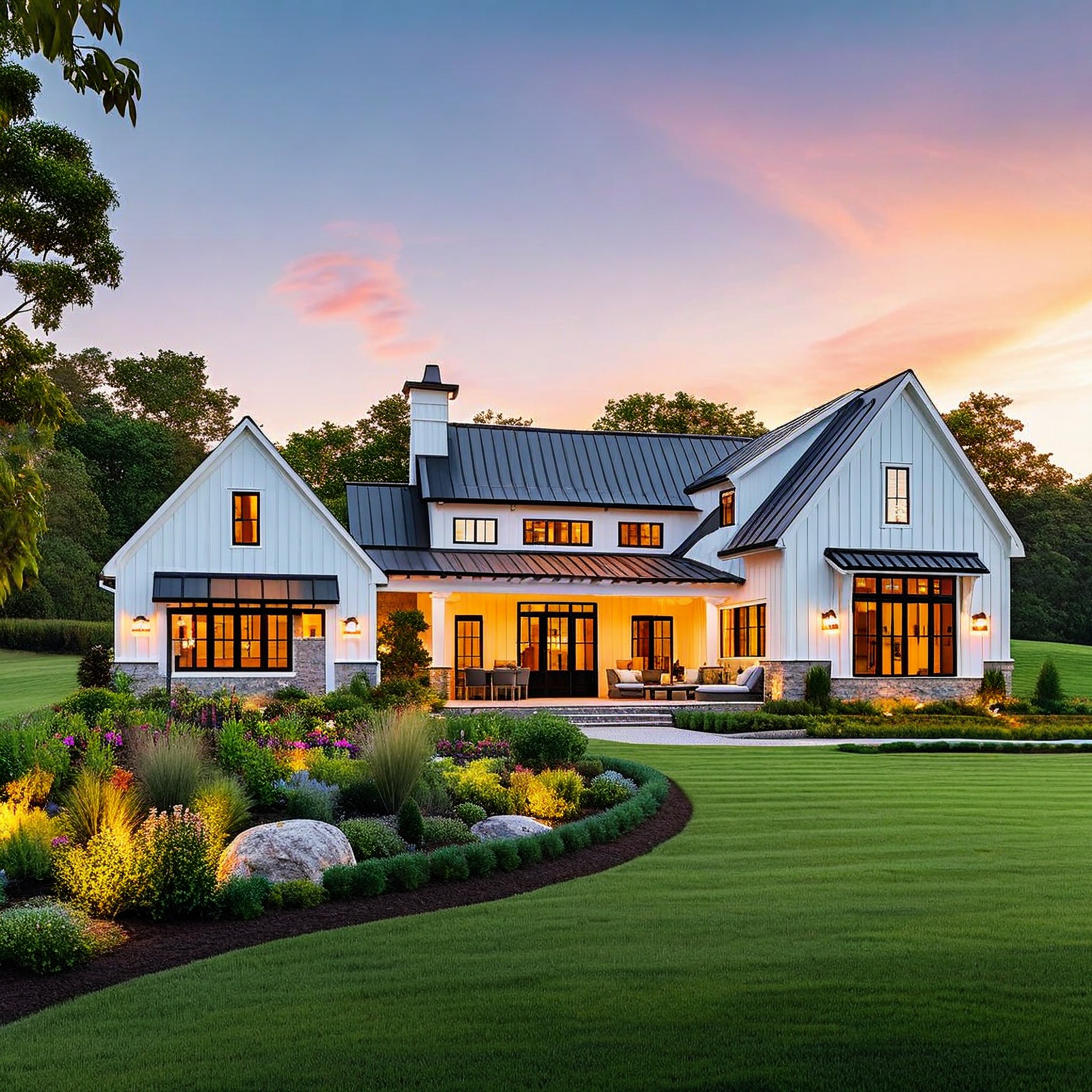 Nicely,Landscaped,New,Farmhouse,,Evening,Sky,,Warm,Ambient,Light,,Inviting