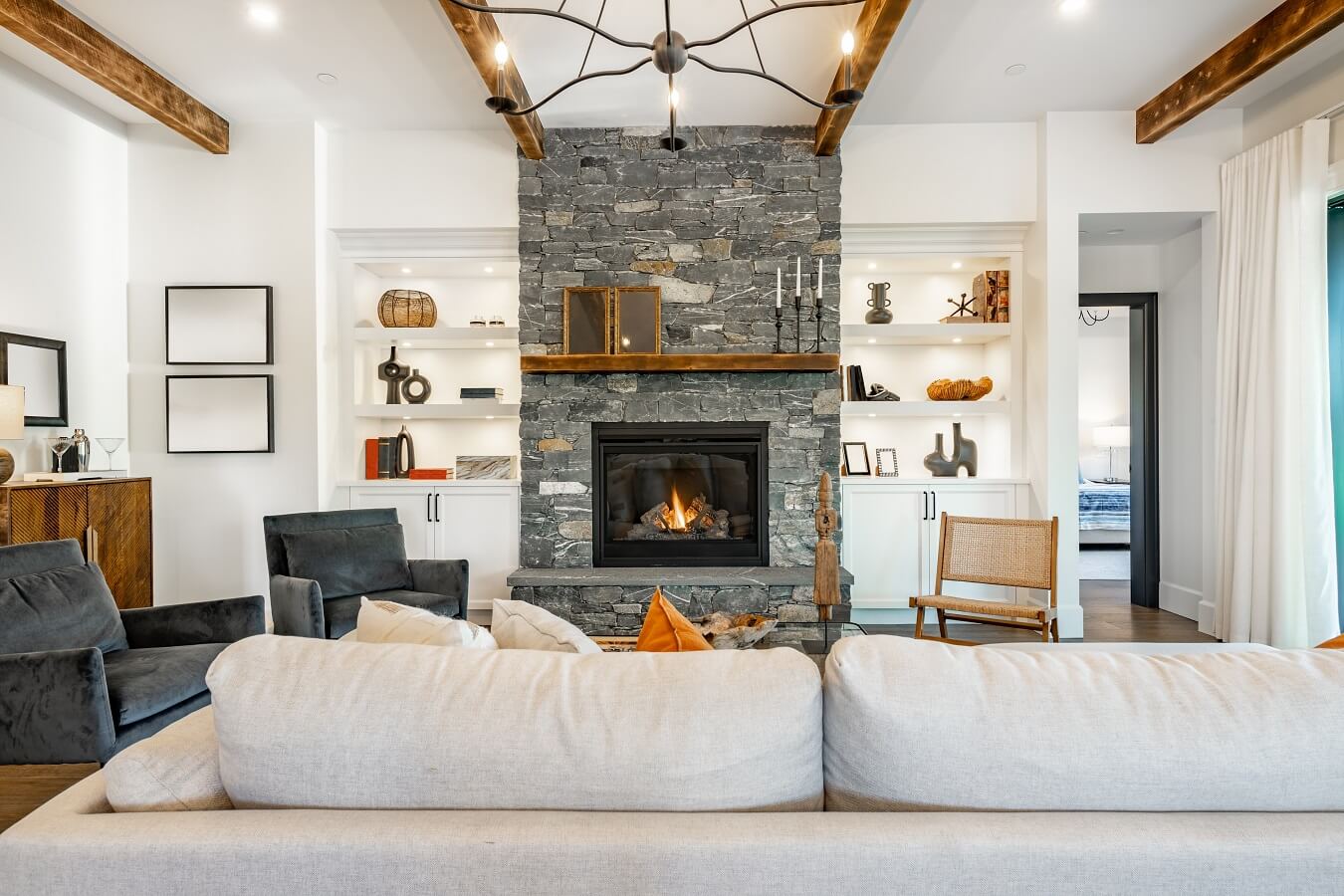 Interior living room with fireplace stone