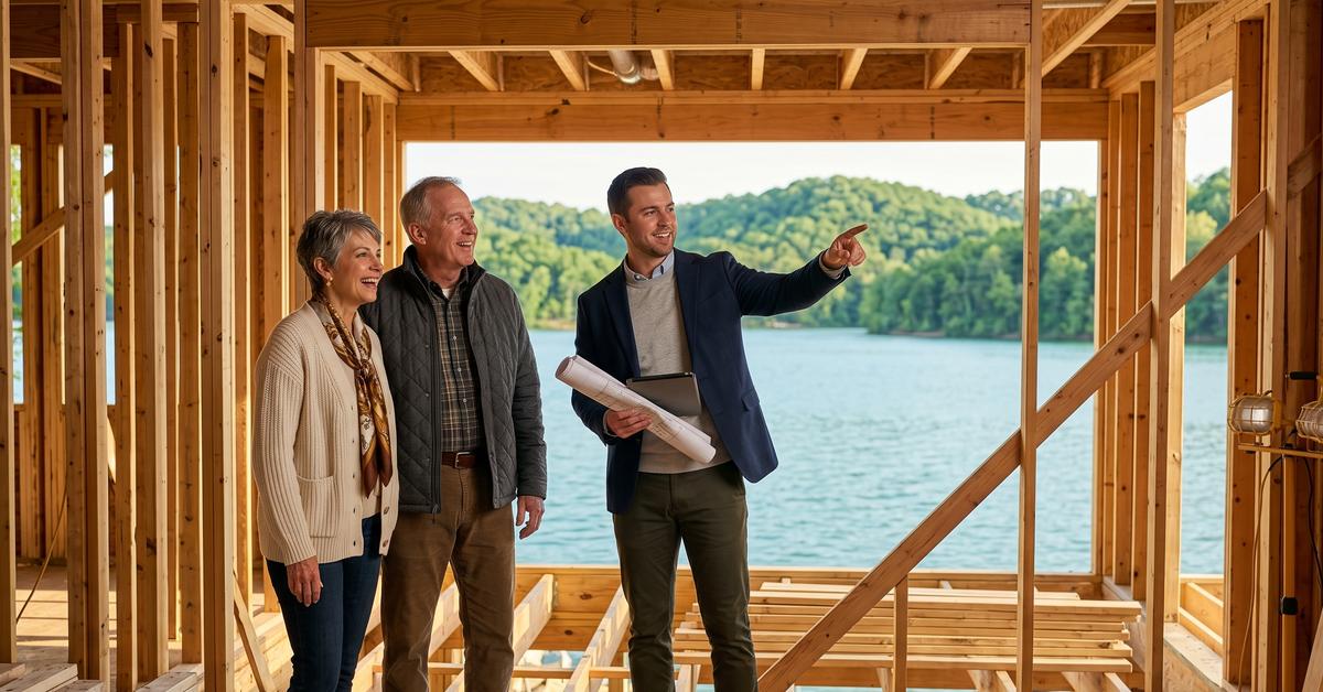 Real estate agent with couple inside wood framing of new construction waterfront home Old Hickory Lake Gallatin TN 37066