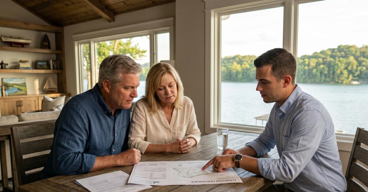 Real estate agent reviewing elevation certificate with couple at Old Hickory Lake home Gallatin TN 37066