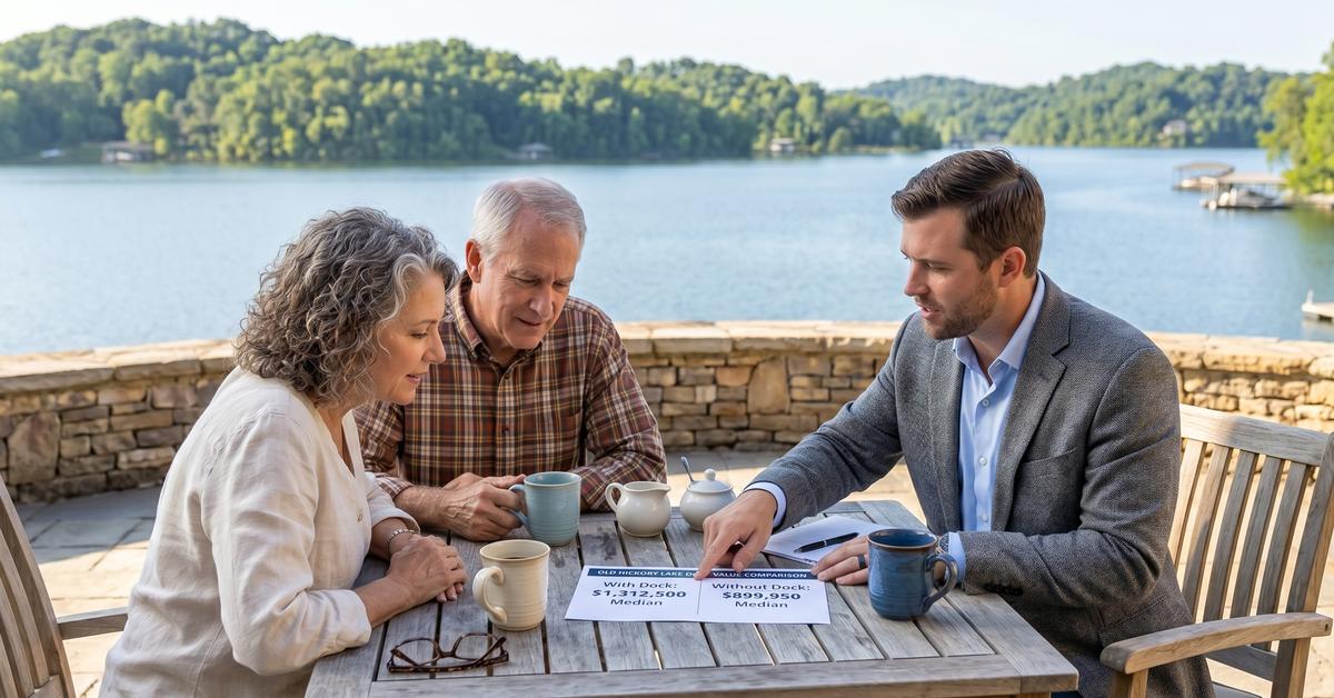 Real estate agent reviewing Old Hickory Lake waterfront market data with buyers in Gallatin TN