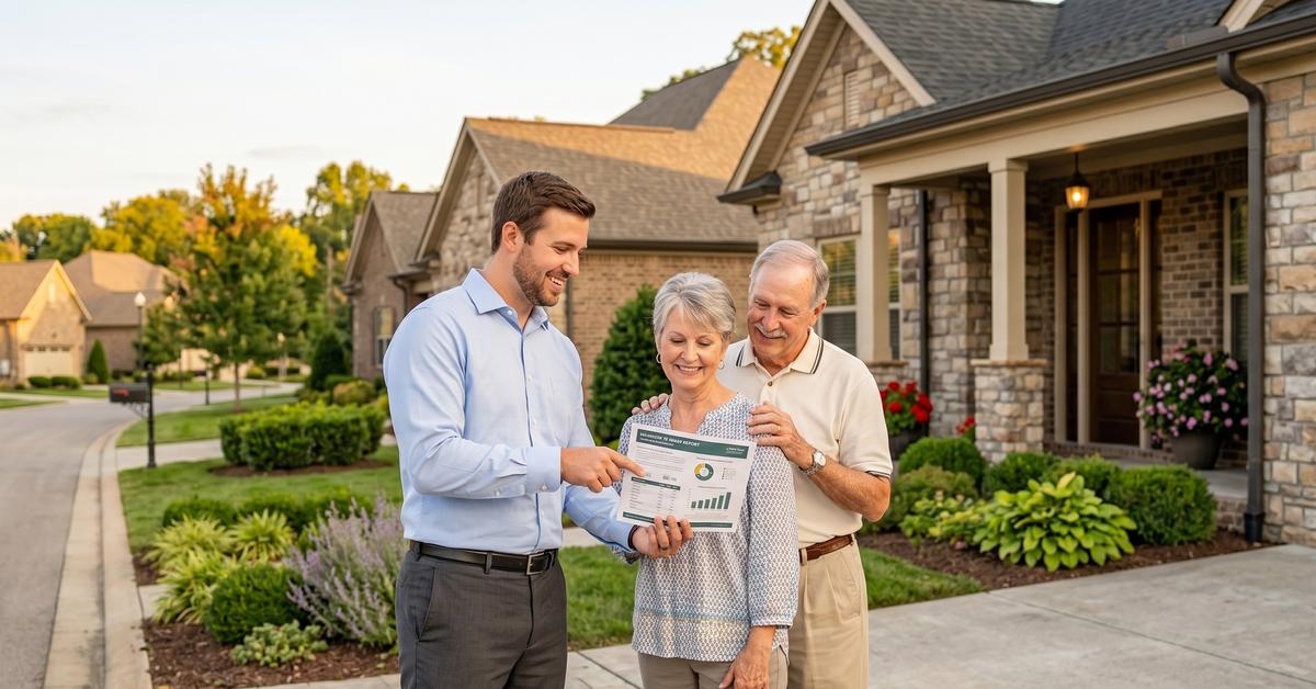Real estate agent reviewing 55+ community market data with retiree couple outside a Gallatin TN home in 37066