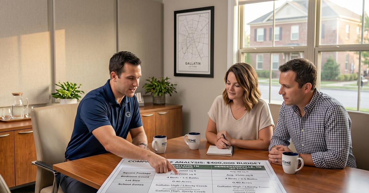 Real estate agent explaining best neighborhoods in Gallatin TN 37066 to buyers with market data Sumner County 2026