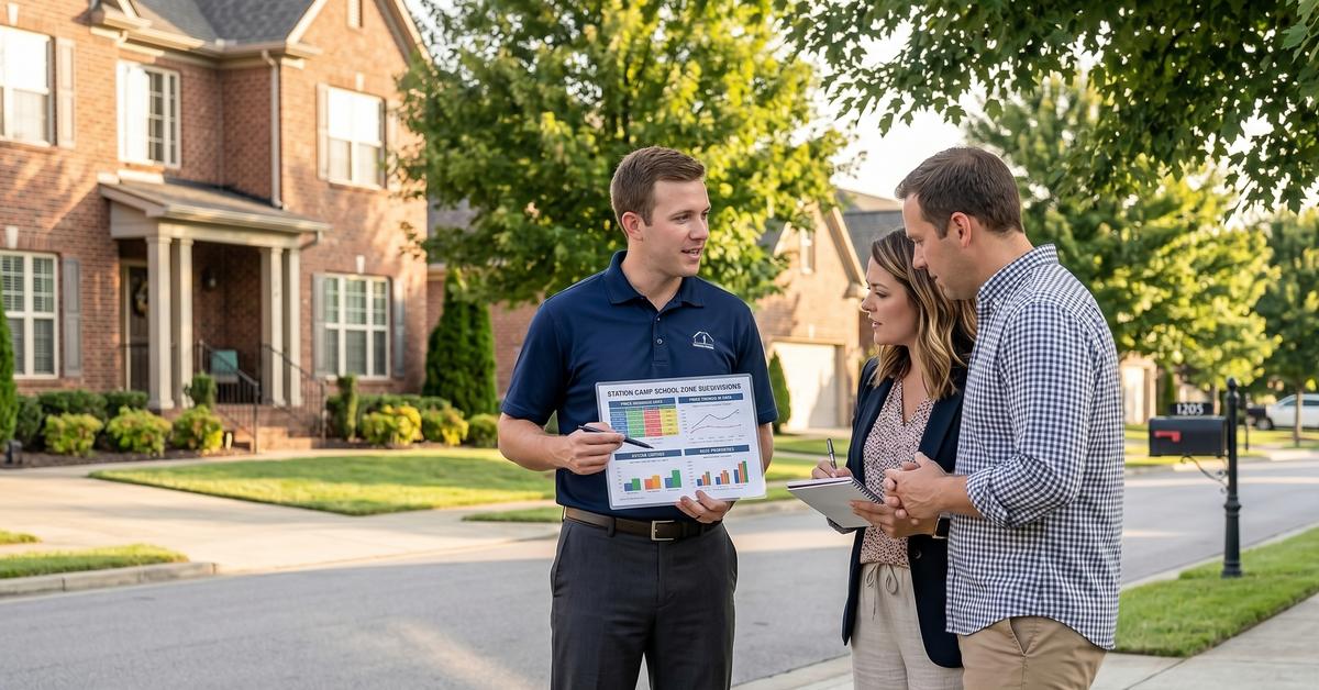 Real estate agent reviewing Cumberland Point Gallatin TN townhome data with buyers Sumner County 37066