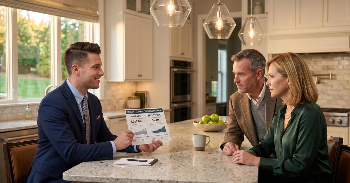 Real estate agent in Gallatin TN reviewing Brentwood vs Gallatin luxury home comparison data with buyers