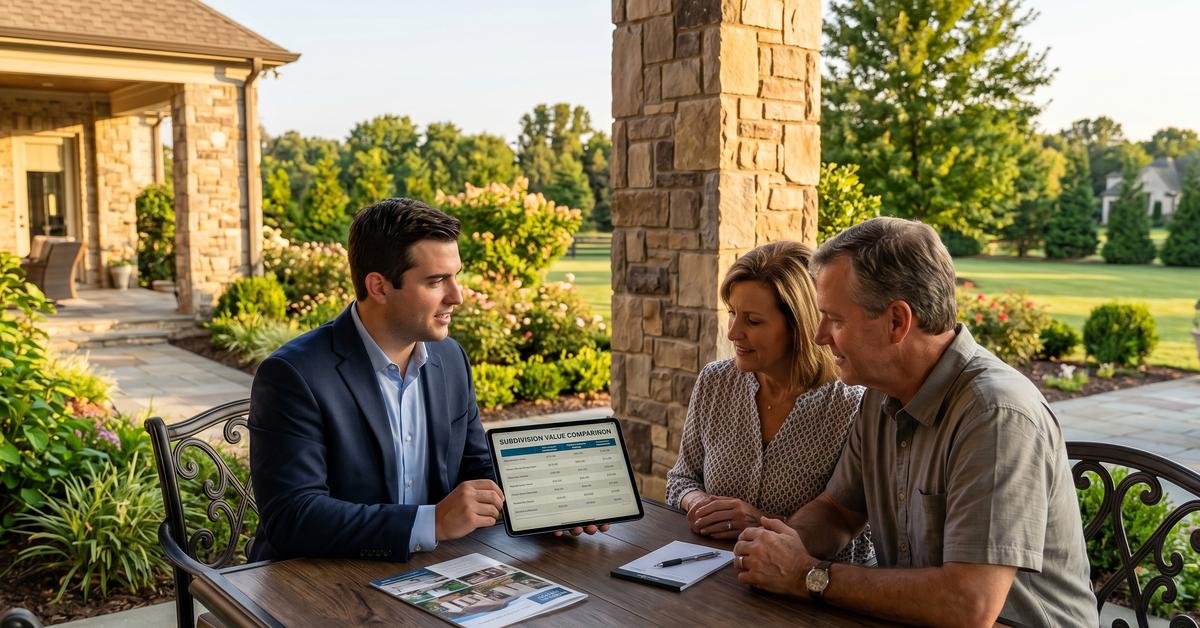 Real estate agent reviewing luxury subdivision value ranking data with buyers at Gallatin TN home patio