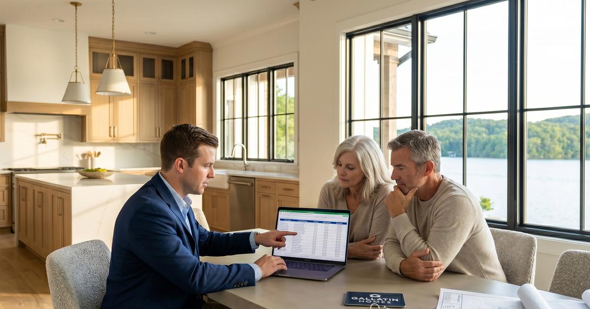 Real estate agent reviewing new construction vs resale market data with buyers in Gallatin TN 37066