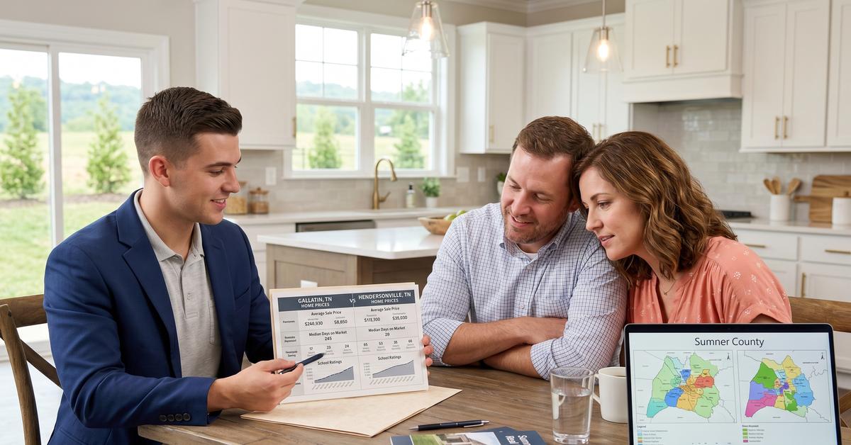 Real estate agent reviewing Gallatin vs Hendersonville price comparison data with buyers in Sumner County TN