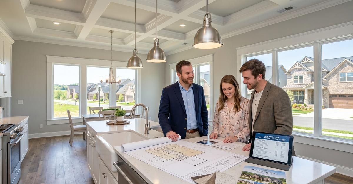 Real estate agent reviewing new construction floor plans with young couple buyers in Hendersonville TN 37075 model home