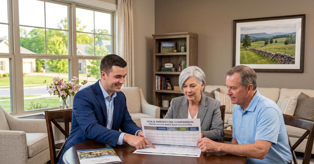 Real estate agent reviewing HOA fee breakdown with retiree couple in Hendersonville TN 37075