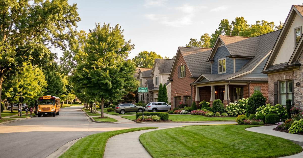 Residential street in Beech High School zone Hendersonville TN 37075 with school bus