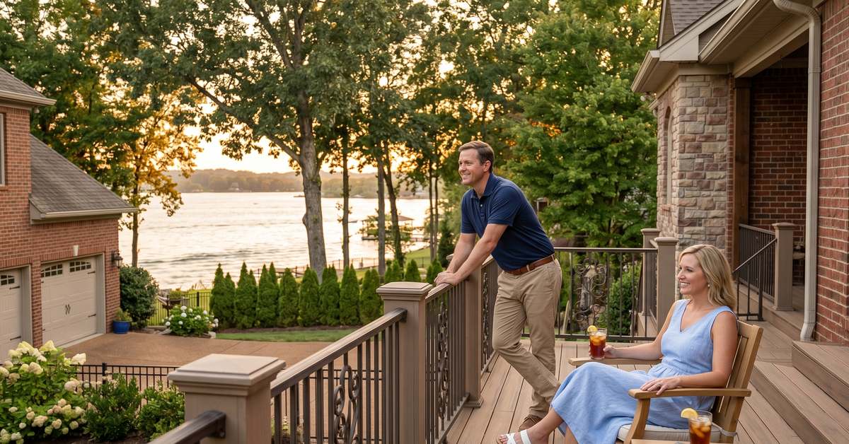 Couple on rear deck of Bledsoe Springs home Gallatin TN 37066 with Old Hickory Lake view new construction