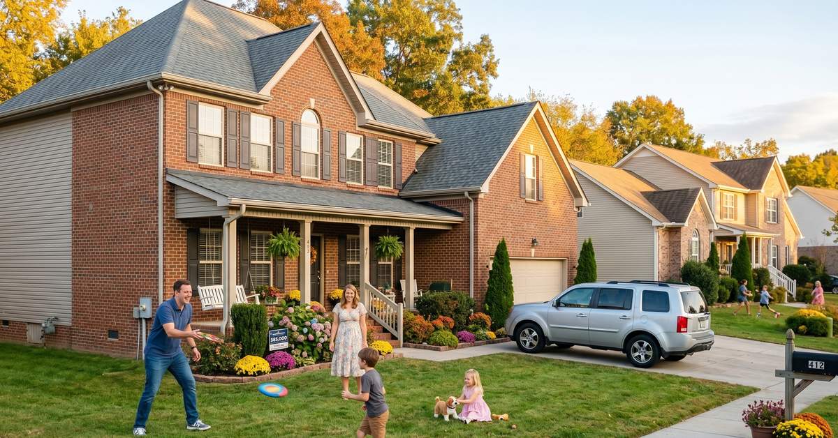 Family outside brick home in Elk Acres subdivision Gallatin TN 37066 near Hwy 109 priced from $305000