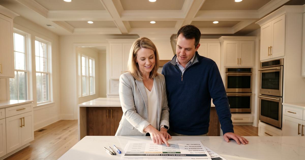 Move-up couple reviewing luxury home comparison data at kitchen island in Gallatin TN 37066 $800,000 home