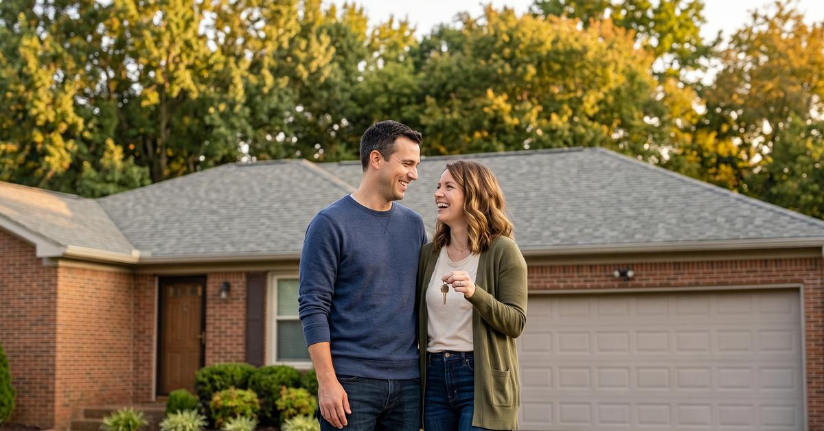Couple standing in driveway of brick ranch home under $500000 in Hendersonville TN 37075