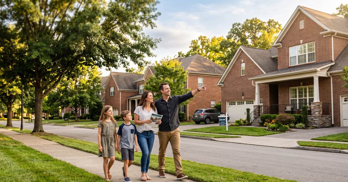 Move-up family exploring $500000 homes in Hendersonville TN 37075 brick neighborhood street Sumner County