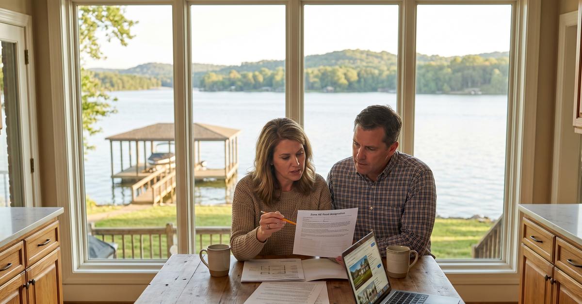 Homeowners reviewing elevation certificate for flood zone AE property on Old Hickory Lake in Hendersonville TN 37075
