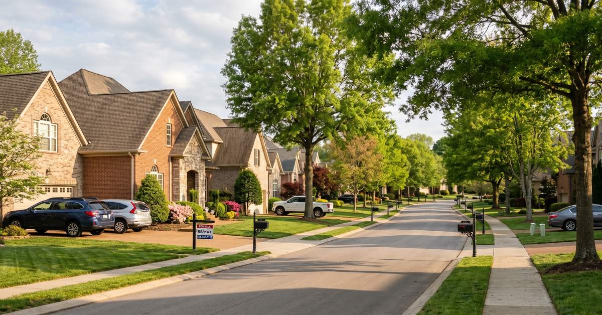 Established resale neighborhood street in Hendersonville TN 37075 with brick homes and mature trees in Sumner County