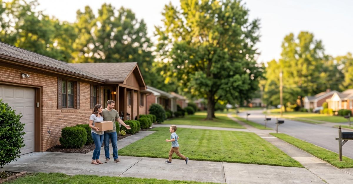 Young family outside 1970s brick ranch home in Hollywood Hills Gallatin TN 37066 affordable neighborhood