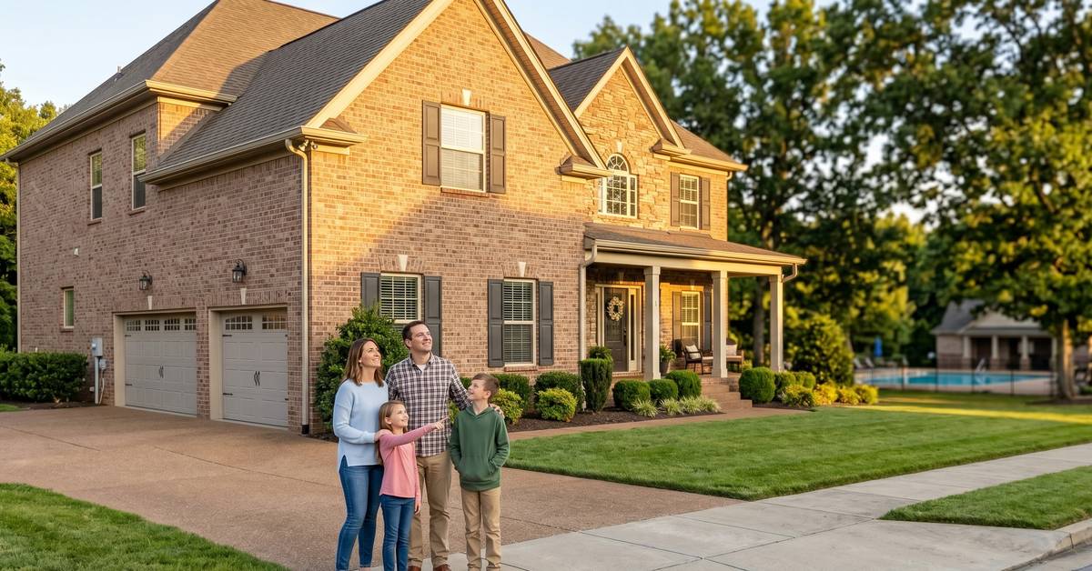 Family of four standing outside an all-brick two-story home in Hunt Club subdivision Gallatin TN 37066 Station Camp school zone