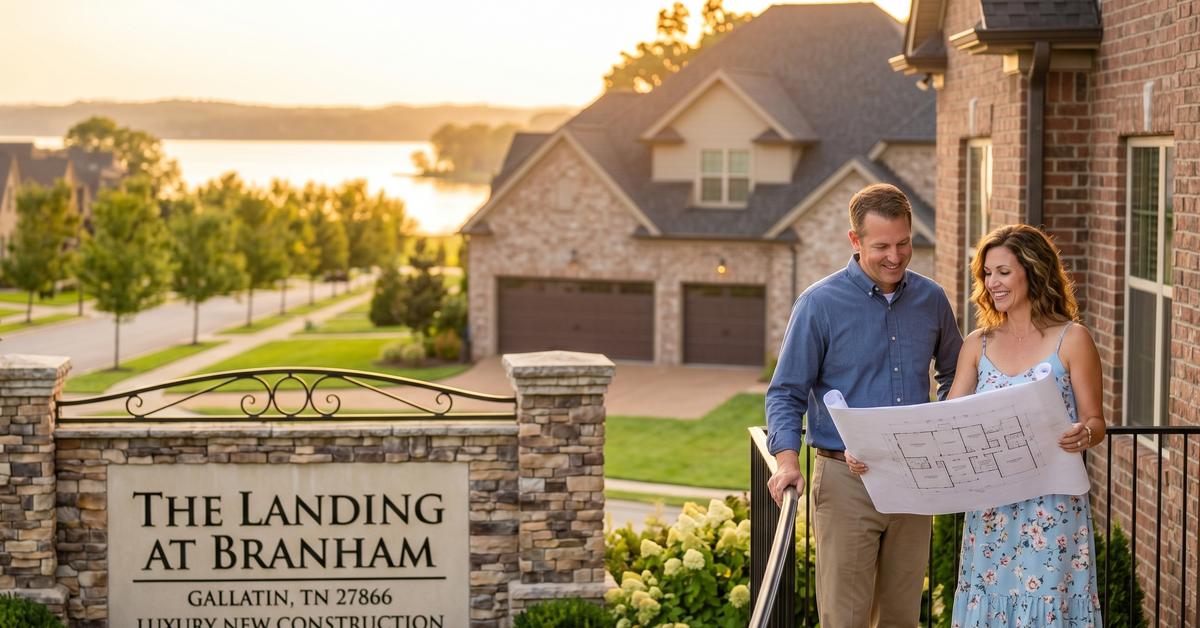 Couple at The Landing at Branham community entrance Gallatin TN 37066 luxury new construction homes Old Hickory Lake