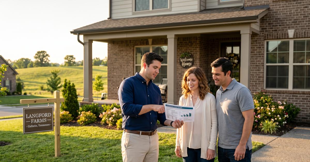 Real estate agent Ryan Beals with buyer couple reviewing Langford Farms Gallatin TN market data 37066