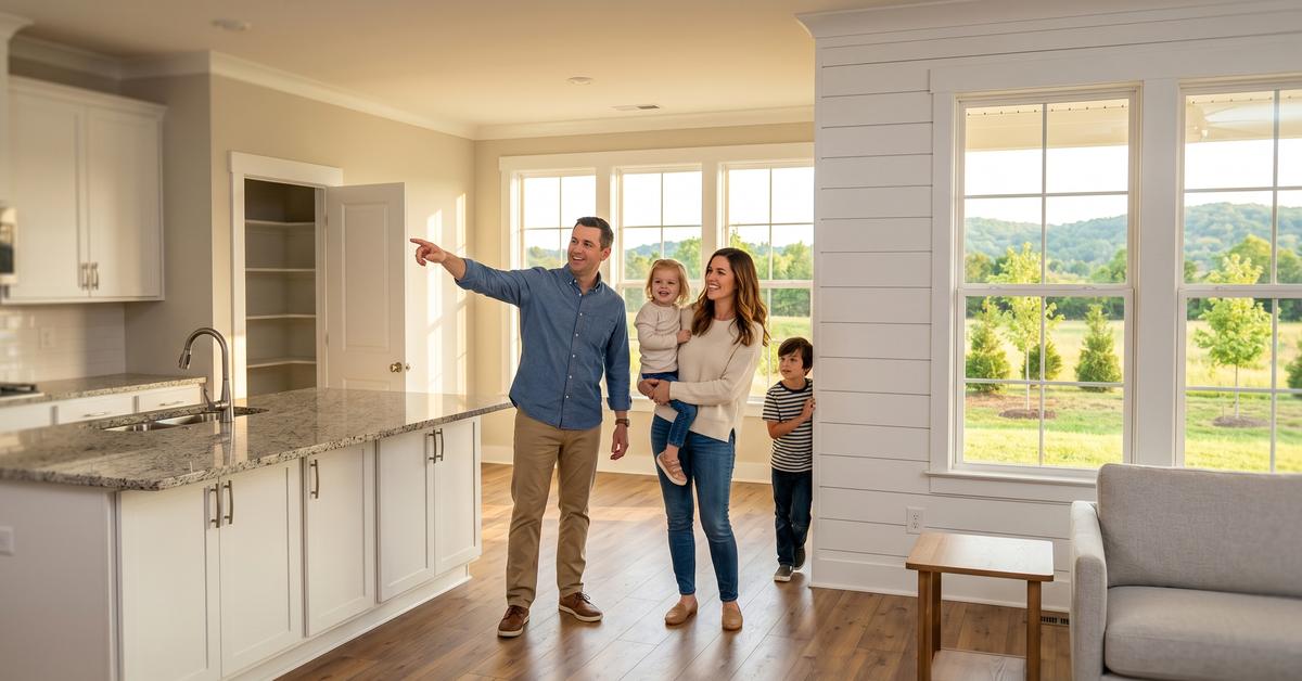 Young family in open-concept living room of new construction Langford Farms home Gallatin TN 37066