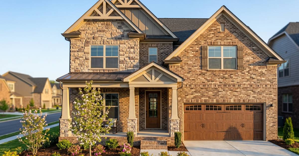 New construction home exterior with stone and brick facade in Hendersonville TN 37075 priced from $450000