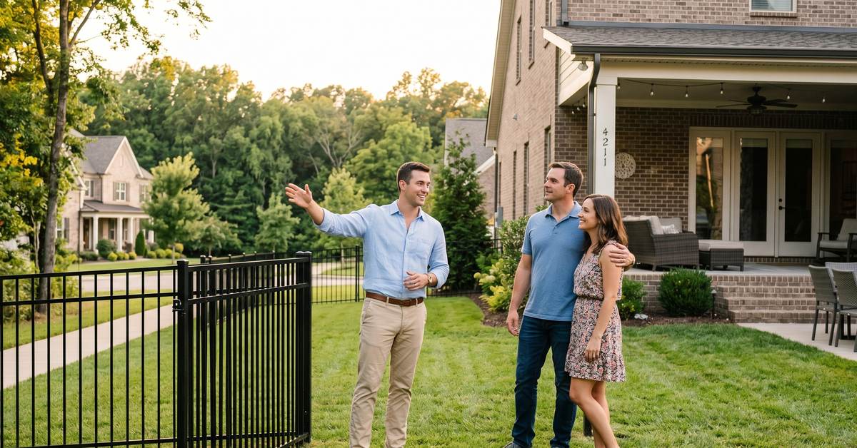 Real estate agent showing a young family the backyard of a Norman Creek home in Hendersonville TN 37075 near Old Hickory Lake