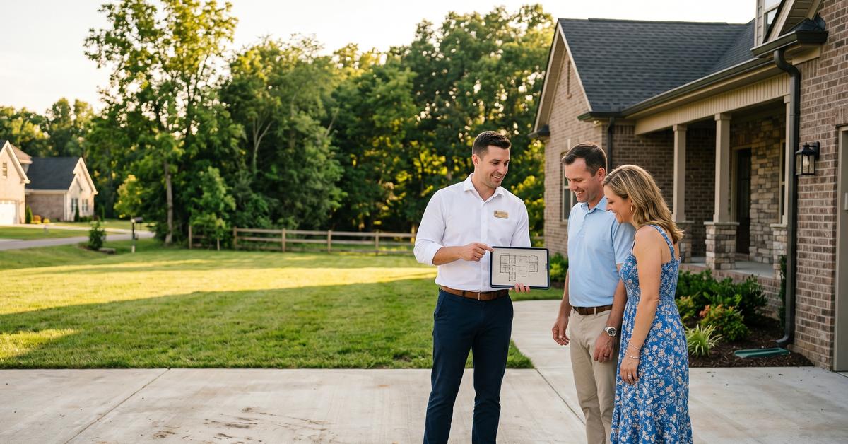Real estate agent reviewing floor plan options with a family at an Oak Creek Estates new construction home in Hendersonville TN 37075