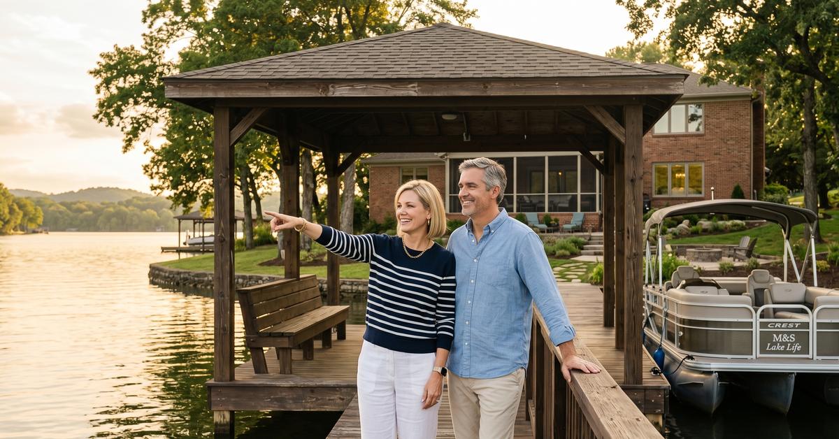 Couple on private dock in Cherokee Woods waterfront community on Old Hickory Lake in Hendersonville TN 37075