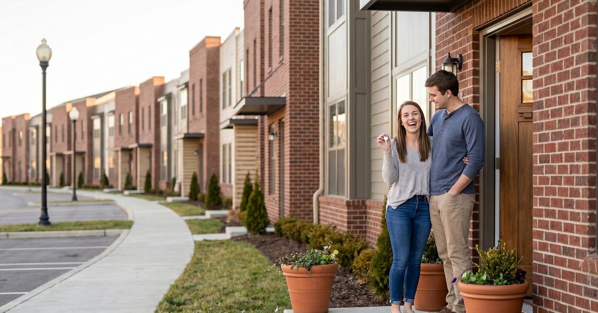 First-time homebuyers outside Preston Park townhome Gallatin TN 37066 holding house key brick-and-siding exterior
