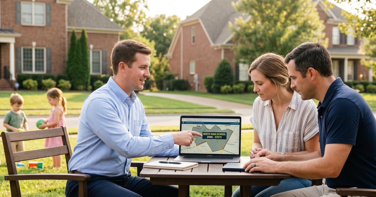 Real estate agent reviewing Beech school zone boundary map with family in Hendersonville TN 37075