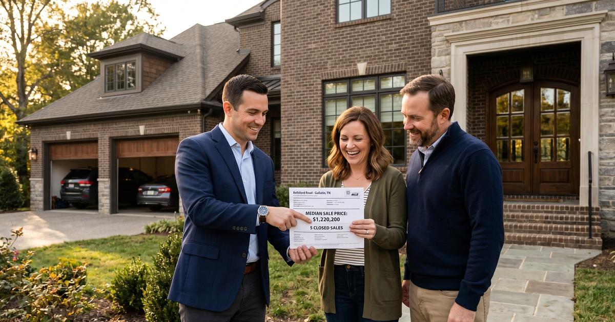 Real estate agent reviewing Bellsford Landing market data with luxury home buyers in Gallatin TN 37066