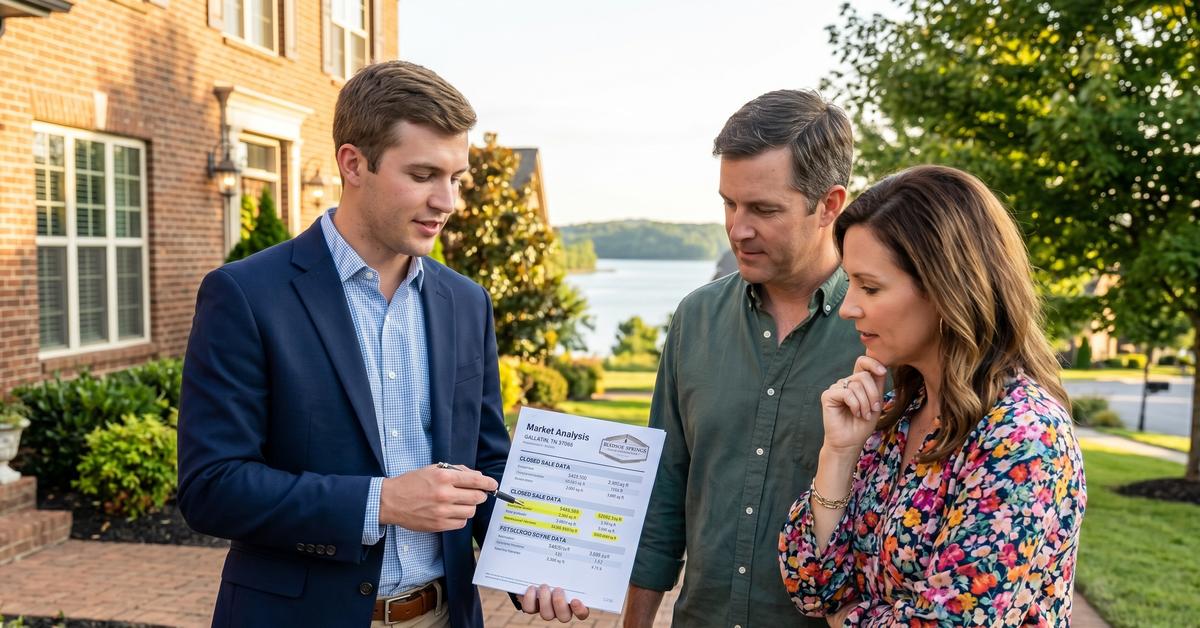 Real estate agent with buyers reviewing Bledsoe Springs Gallatin TN 37066 new construction market report