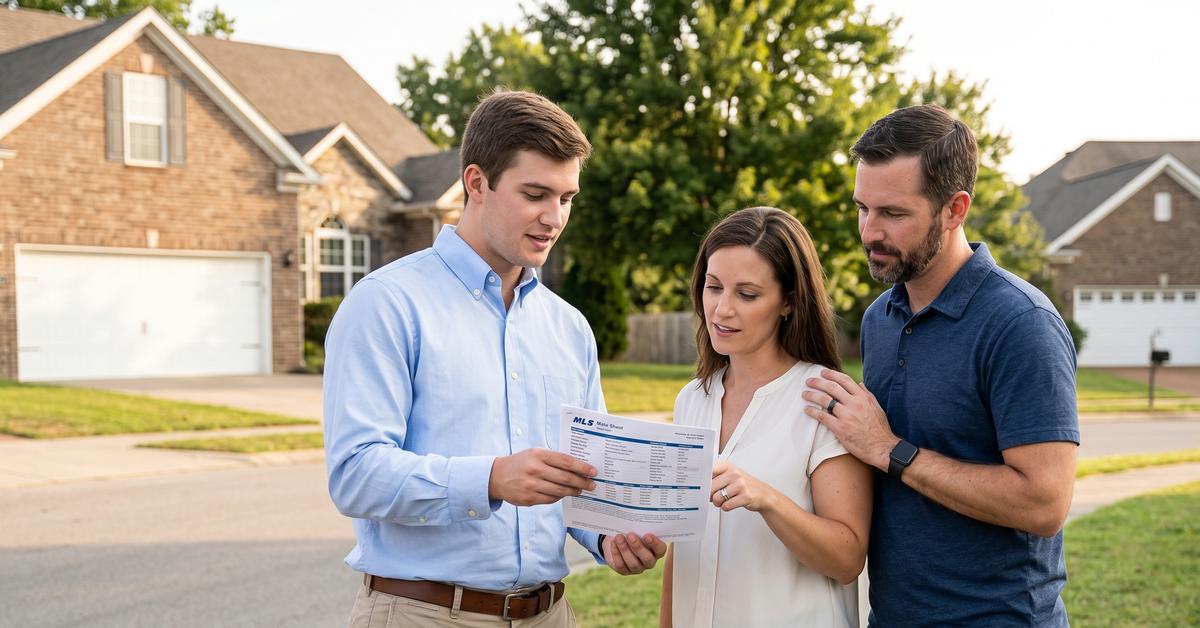 Real estate agent reviewing MLS data with buyer couple outside a brick home in Cumberland Place Gallatin TN 37066