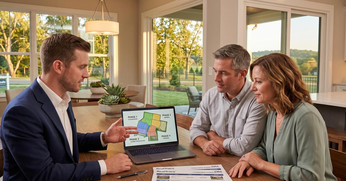 Real estate agent reviewing Durham Farms phase map with buyer couple at dining table Hendersonville TN 37075