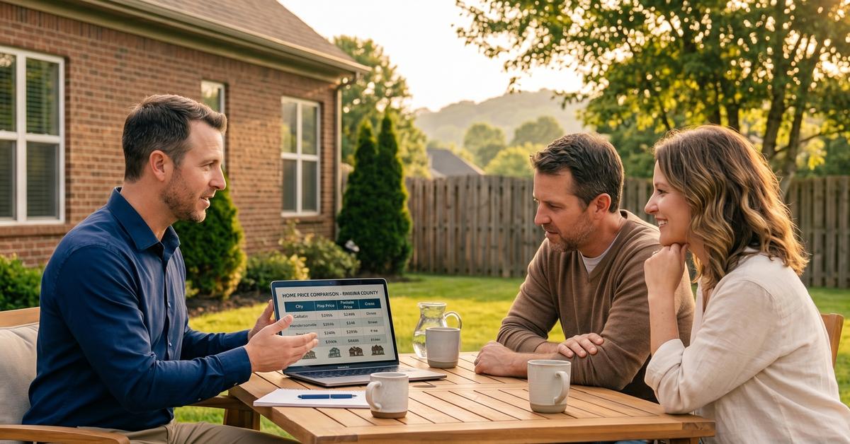 Real estate agent reviewing Sumner County market comparison data with buyers outside Gallatin TN brick home