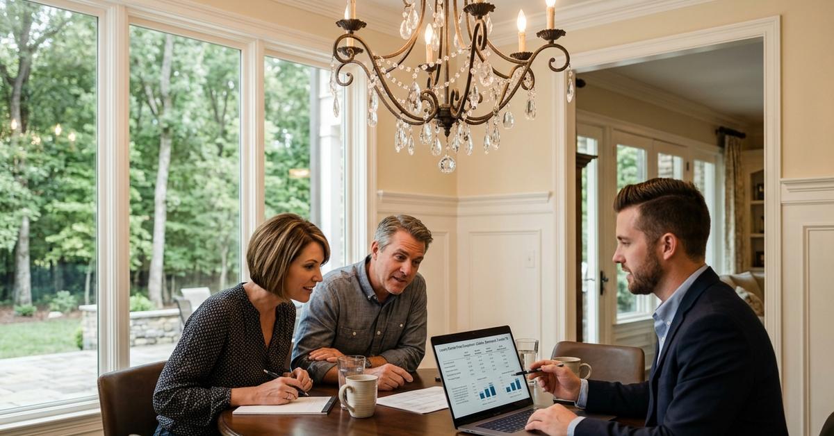 Real estate agent reviewing Gallatin TN luxury market data with client couple at dining table in $800,000 home