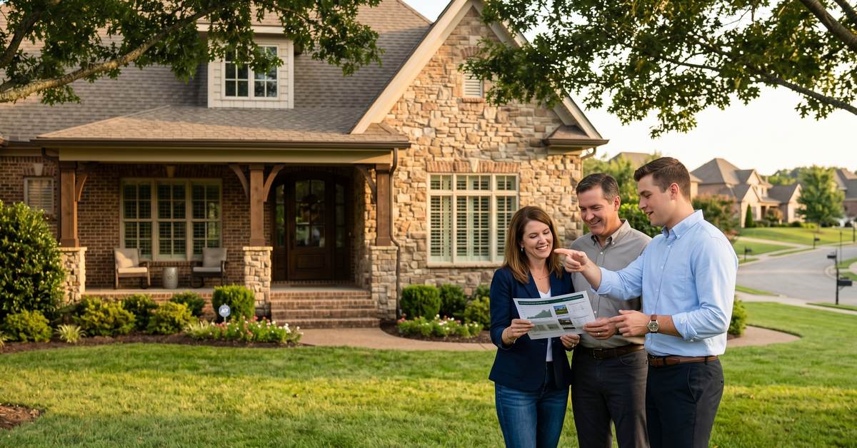 Real estate agent reviewing Grasslands Ranch market data with buyer couple outside Gallatin TN home 37066