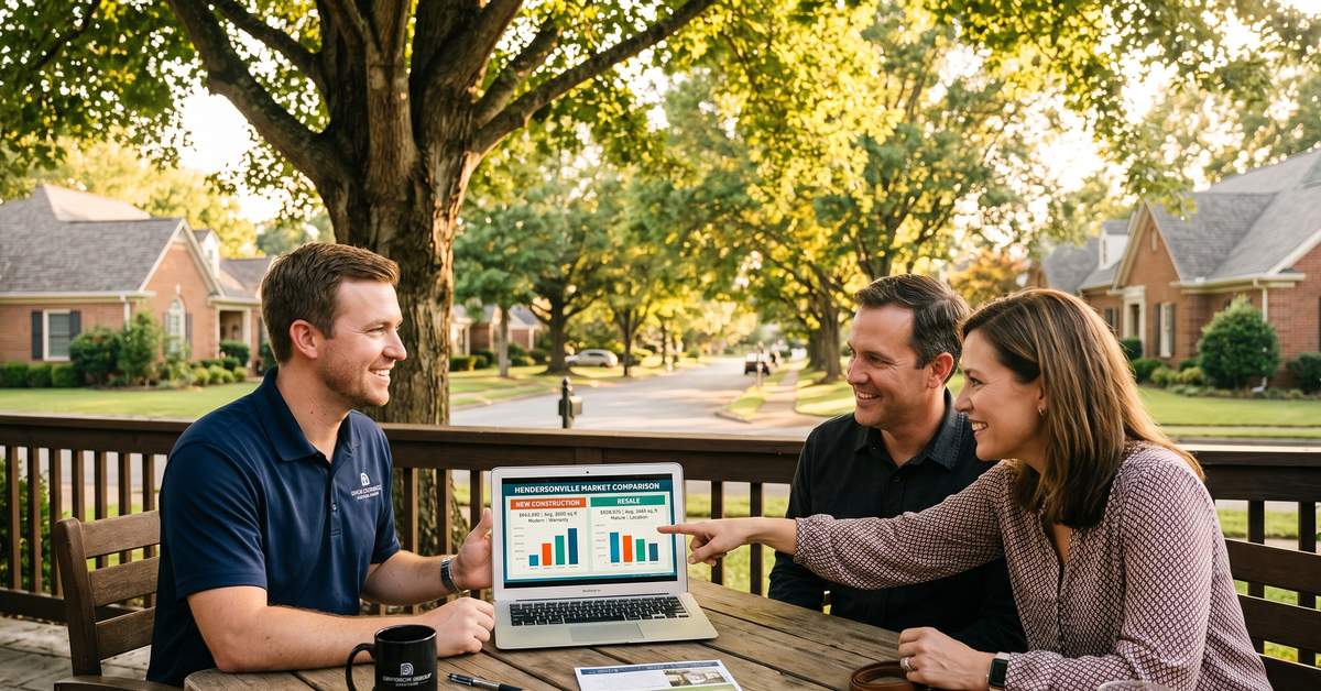 Real estate agent reviewing new construction vs resale market data with buyer couple in Hendersonville TN 37075 Sumner County