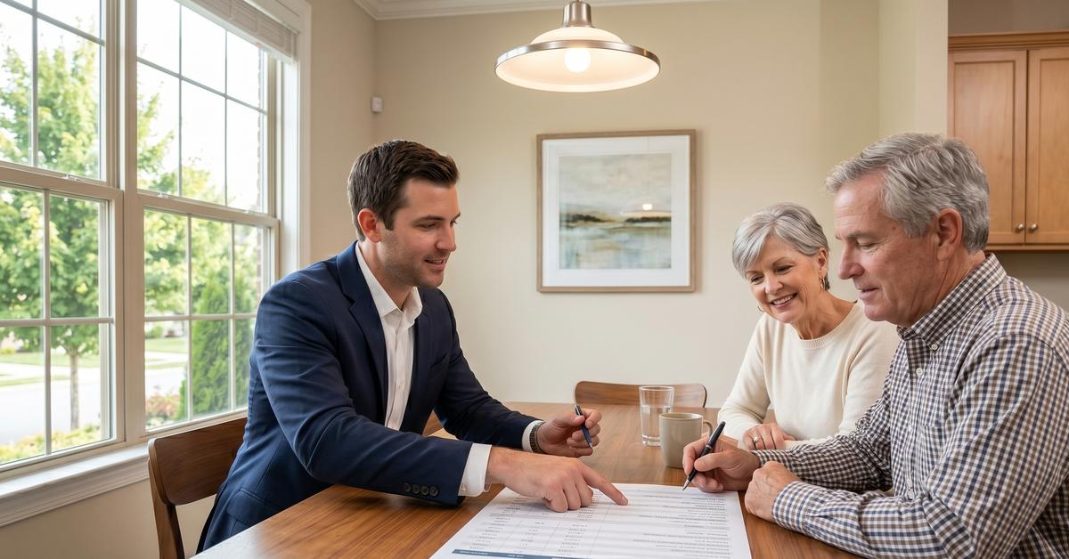 Real estate agent reviewing HOA fee breakdown with buyer couple outside a Hendersonville TN townhome community in 37075