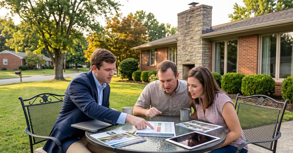 Real estate agent reviewing Hollywood Hills Gallatin TN 37066 market data with couple at outdoor table