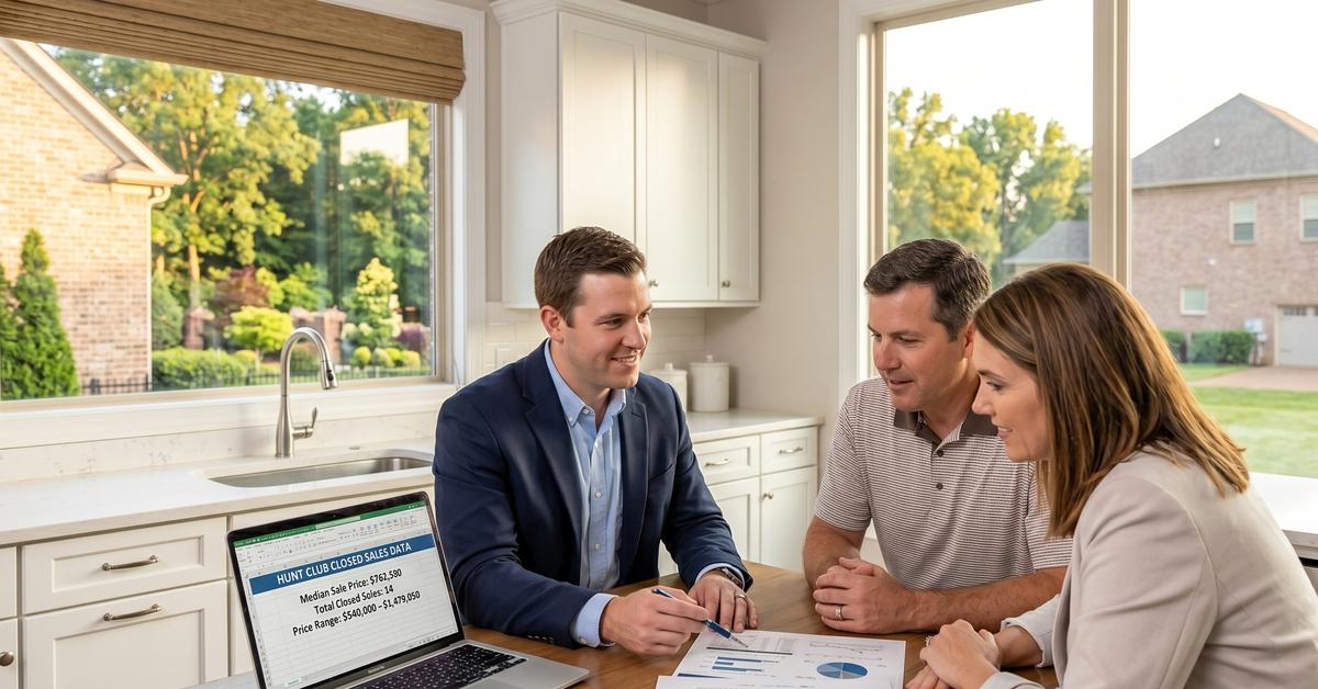 Real estate agent reviewing Hunt Club market data with couple at kitchen table inside a Gallatin TN home 37066