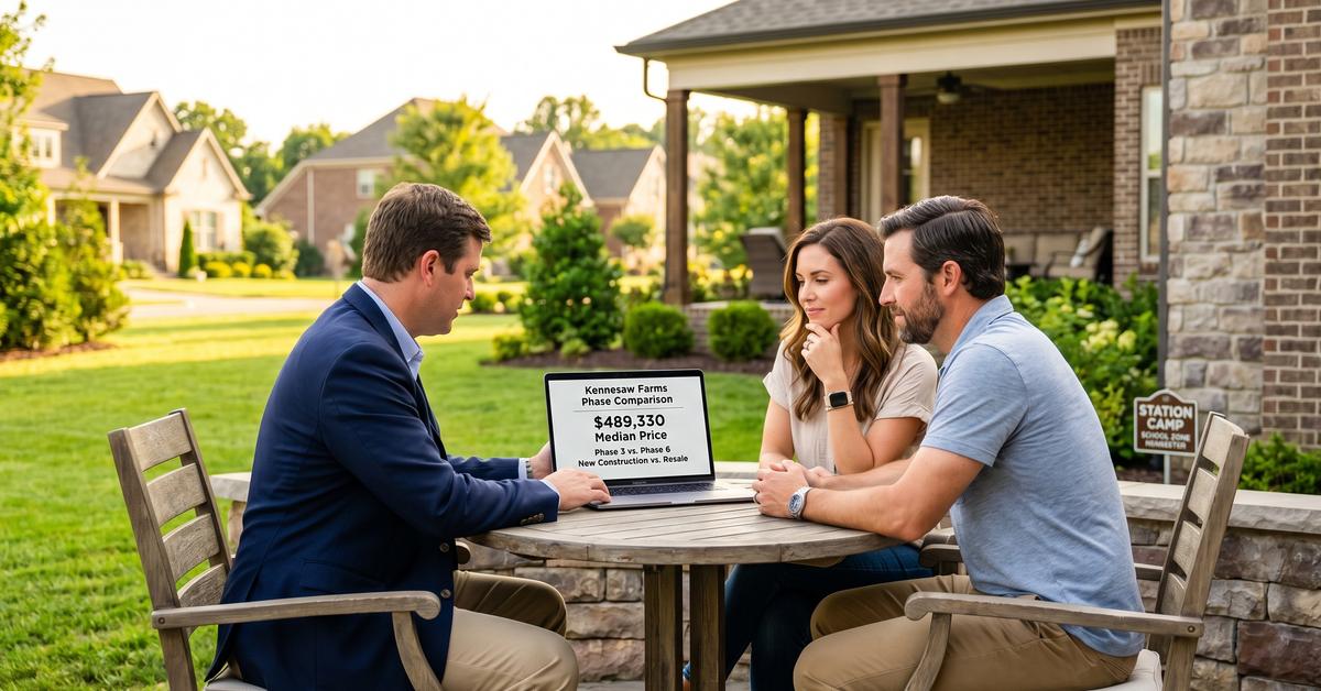 Real estate agent reviewing Kennesaw Farms closed sale market data with buyers in Gallatin TN 37066 Sumner County