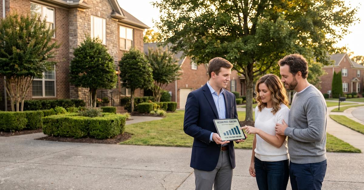Real estate agent reviewing appreciation data with buyers outside Kensington Downs Gallatin TN 37066