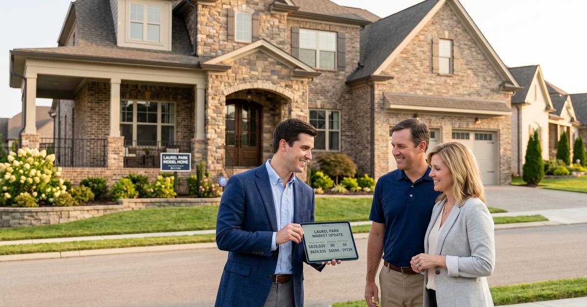 Real estate agent reviewing Laurel Park Hendersonville TN 37075 market data with buyers outside luxury new construction home